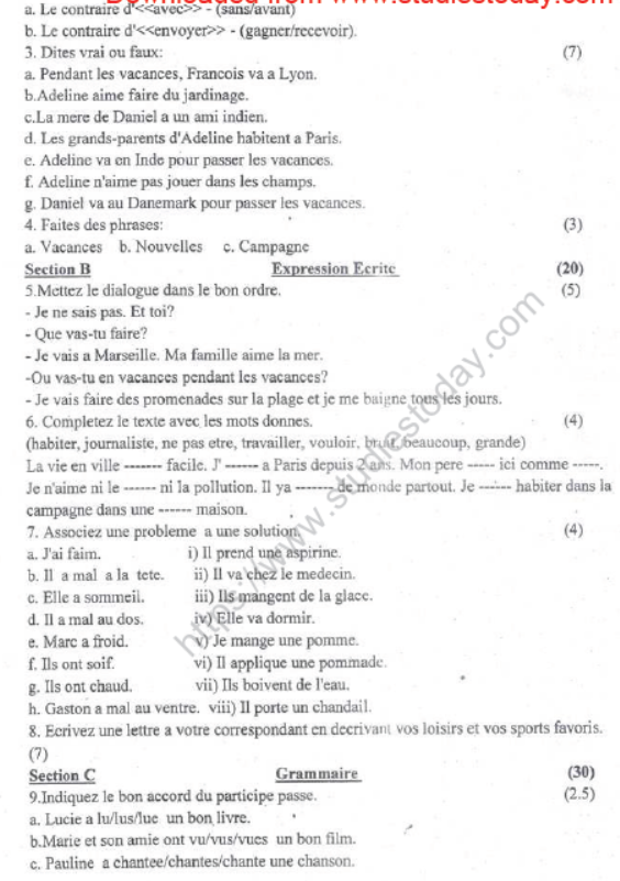 CBSE Class 8 French Sample Paper Set G