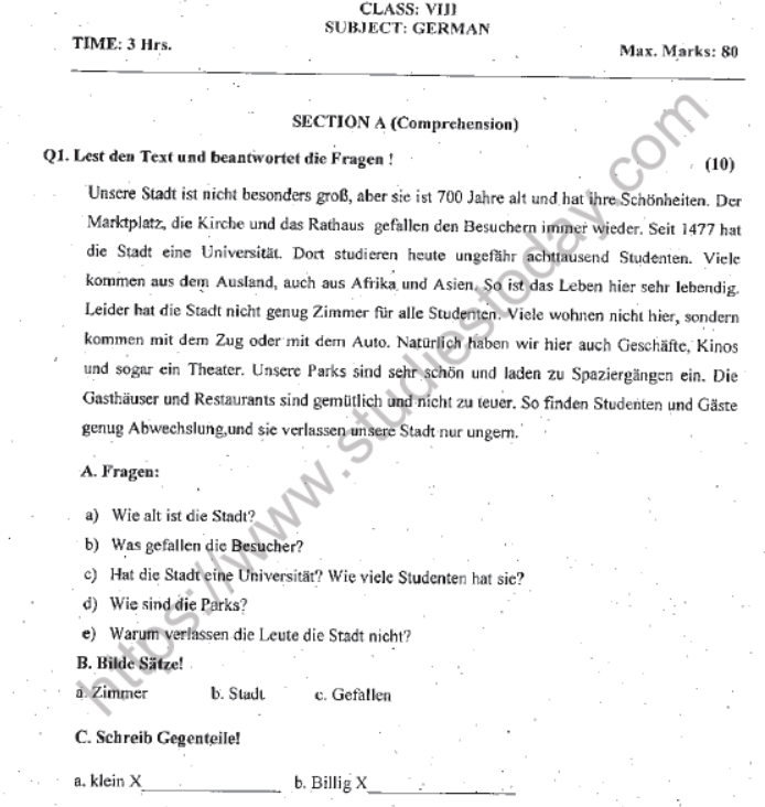 CBSE Class 8 German Question Paper Set A