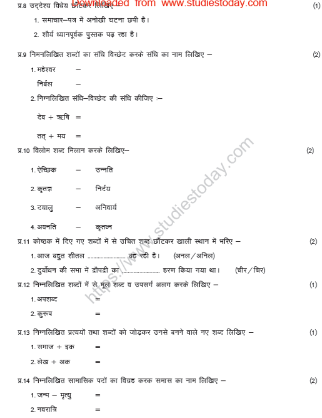 CBSE Class 8 Hindi Sample Paper Set U