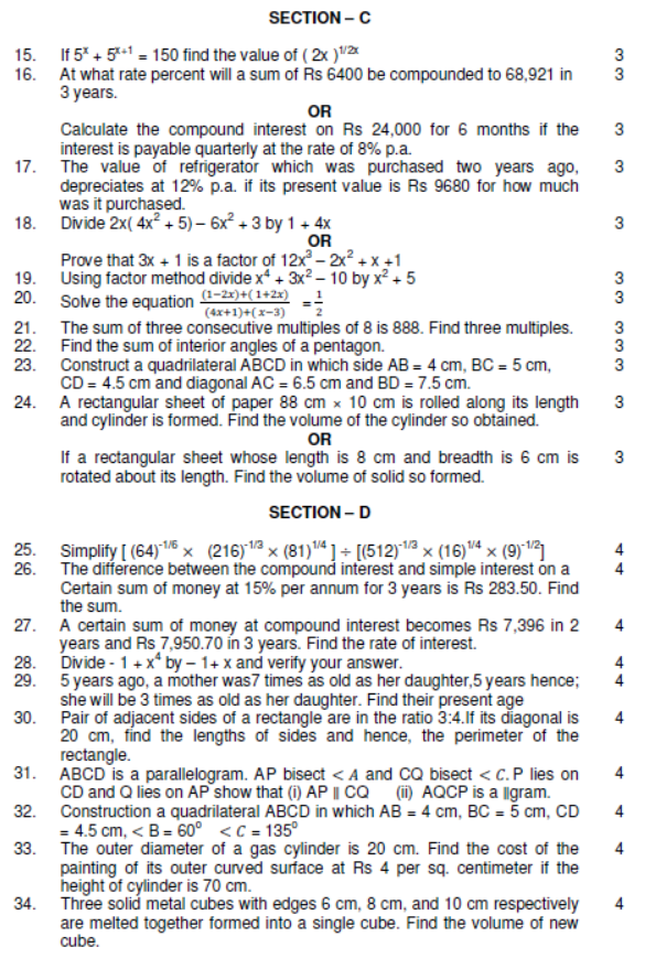 CBSE Class 8 Mathematics Sample Paper Set O