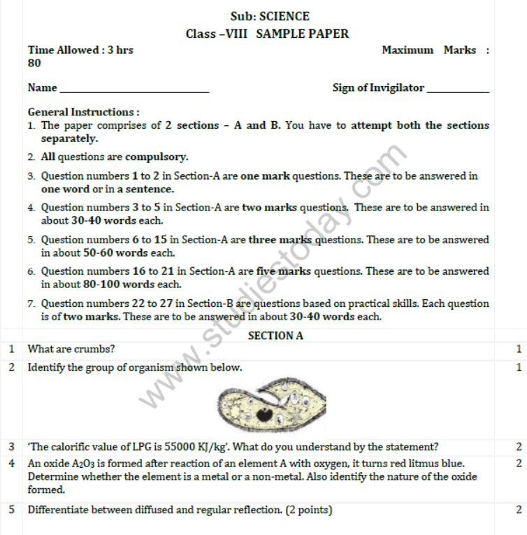 CBSE Class 8 Science Sample Paper Set H