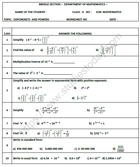 Class 8 Maths Exponents and Power Worksheet Set A