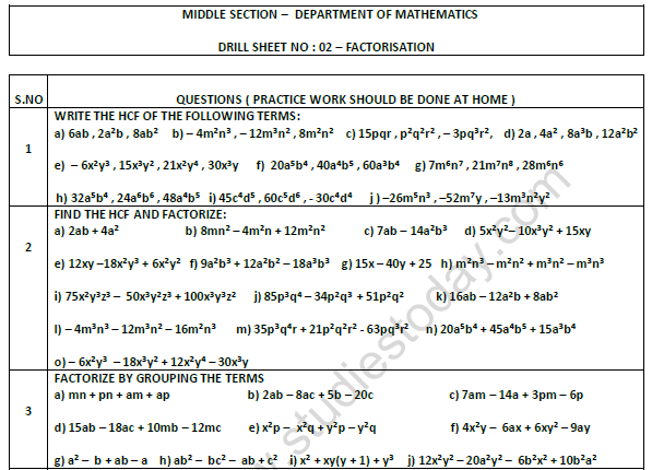 Class 8 Maths Factorisation Worksheet Set A 1