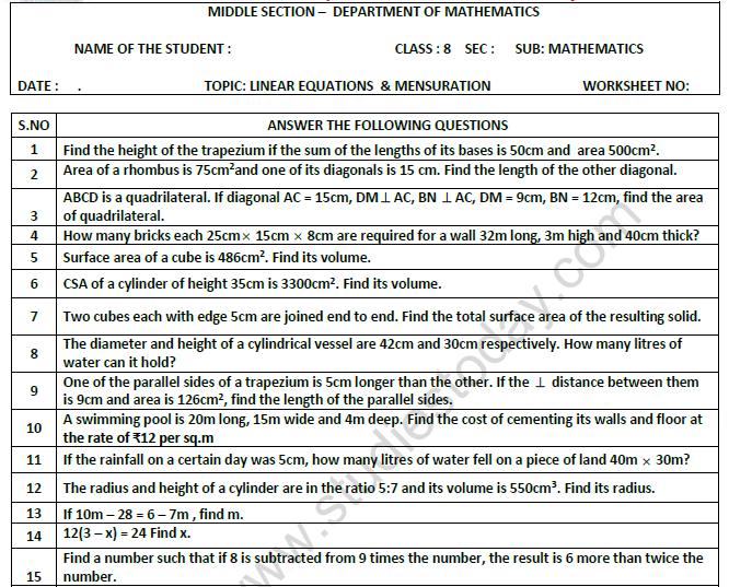 Class 8 Maths Mensuration Worksheet Set A 1