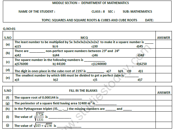 Class 8 Maths Square and Square Roots Worksheet Set A 1