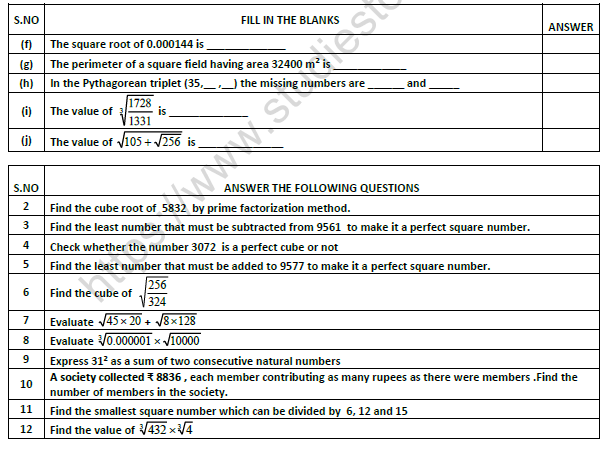 Class 8 Maths Square and Square Roots Worksheet Set A 2