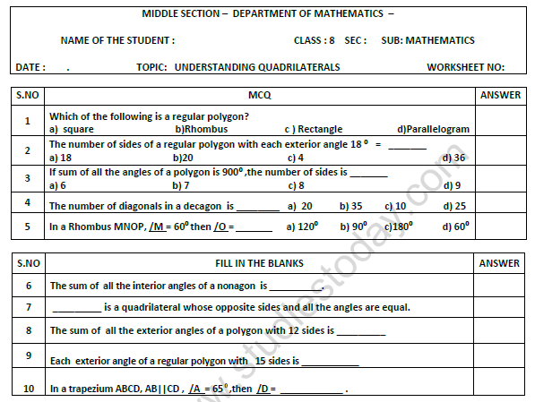 Class 8 Maths Understanding Quadrilaterals Worksheet Set A 1