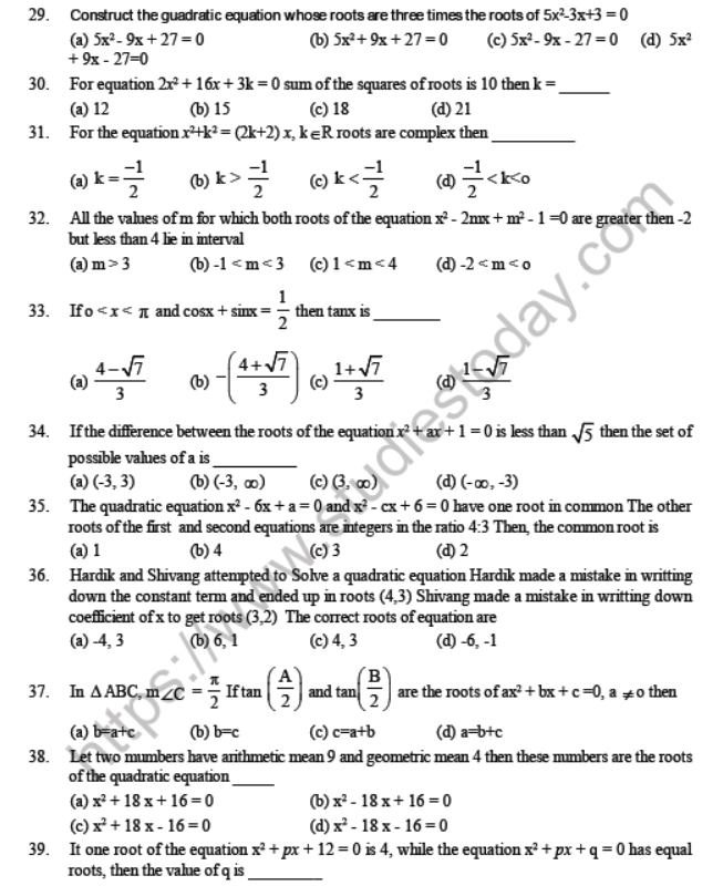 JEE Mathematics Quadratic Equation MCQs