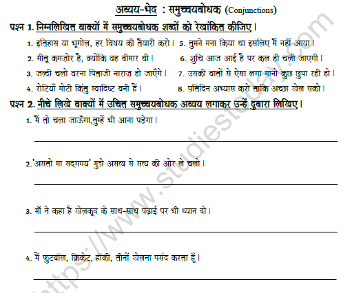 vCBSE Class 7 Hindi Conjunction Worksheet Set B 1
