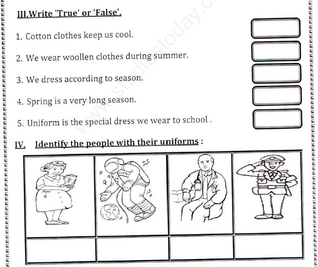 CBSE Class 1 EVS Assignment (11) - Clothes