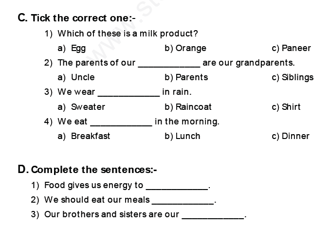 CBSE Class 1 EVS Assignment (4) - Environmental Sensitivity