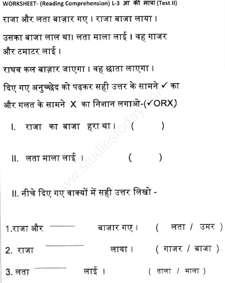 CBSE Class 1 Hindi Reading Comprehension Assignment Set A