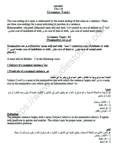 CBSE Class 10 Arabic Grammer Topics Worksheet Set B 1