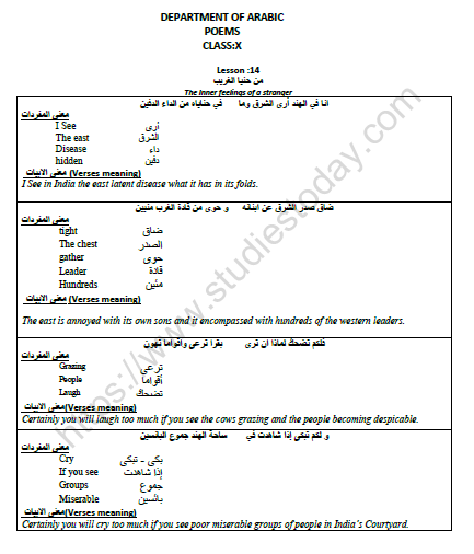 CBSE Class 10 Arabic Poems Worksheet Set A 1