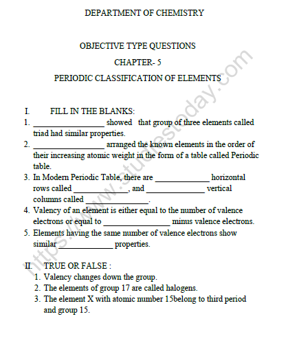 CBSE Class 10 Chemistry Periodic Classification of Elements Worksheet Set H 1