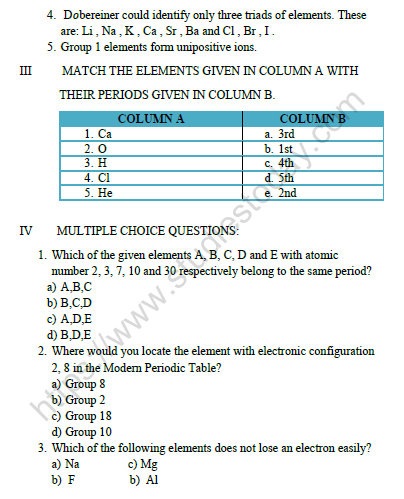 CBSE Class 10 Chemistry Periodic Classification of Elements Worksheet Set H 2