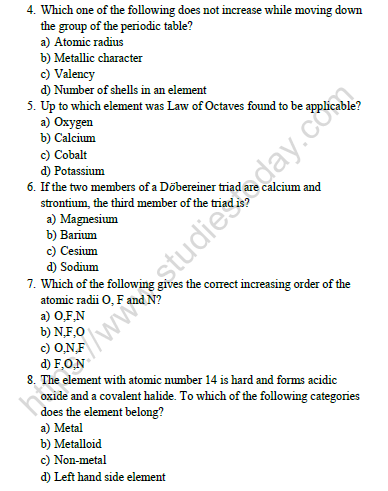 CBSE Class 10 Chemistry Periodic Classification of Elements Worksheet Set H 3