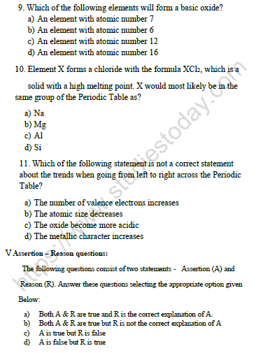 CBSE Class 10 Chemistry Periodic Classification of Elements Worksheet Set H 4
