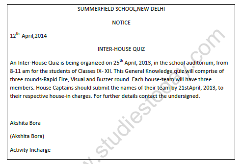 CBSE Class 10 English Notice Worksheet 2