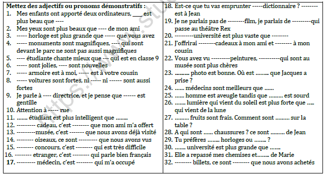 CBSE Class 10 French Demonstratifs Worksheet 2