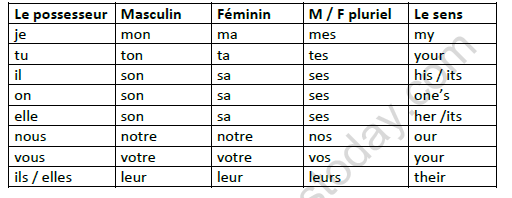 CBSE Class 10 French Les Adjectifs Et Les Pronoms Possessifs Worksheet 1