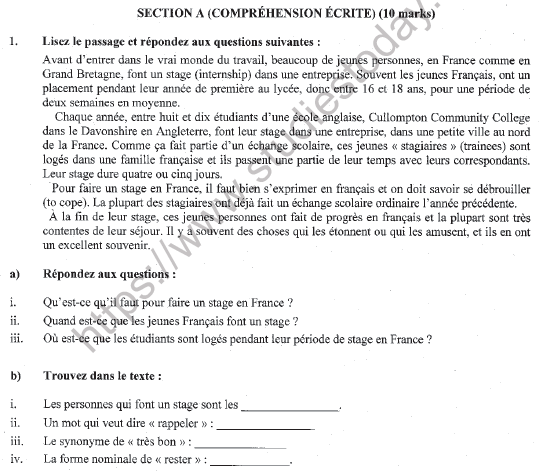 CBSE Class 10 French Sample Paper Solved Set J 1