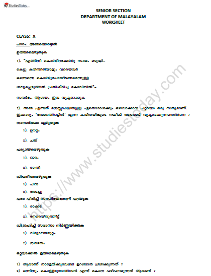 CBSE Class 10 Malayalam Ammathottil Worksheet Set A