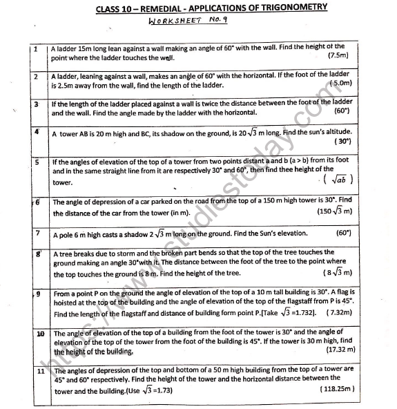 CBSE Class 10 Mathematics Application of Trignometry Worksheet Set A 1