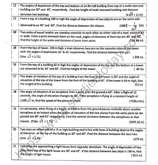 CBSE Class 10 Mathematics Application of Trignometry Worksheet Set A 2