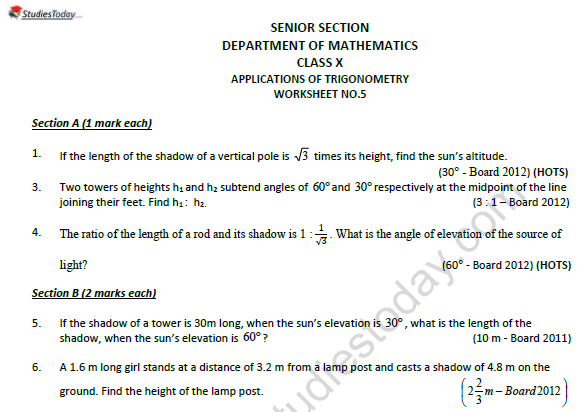CBSE Class 10 Mathematics Application of Trignometry Worksheet Set B 1