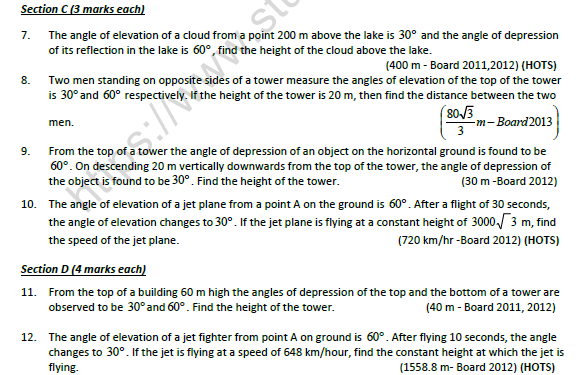 CBSE Class 10 Mathematics Application of Trignometry Worksheet Set B 2