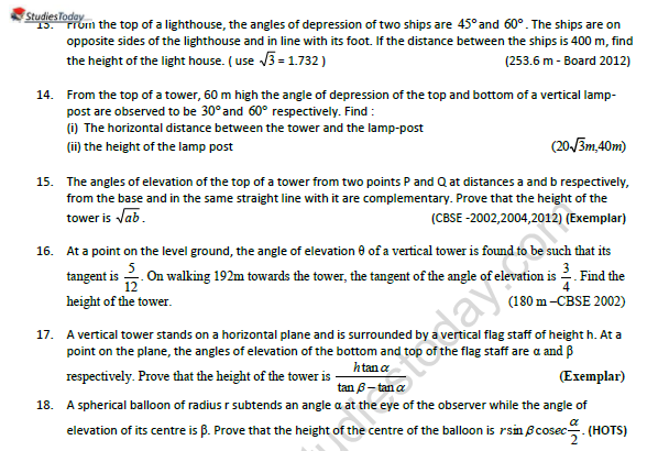 CBSE Class 10 Mathematics Application of Trignometry Worksheet Set B 3