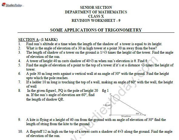 CBSE Class 10 Mathematics Application of Trignometry Worksheet Set C 1