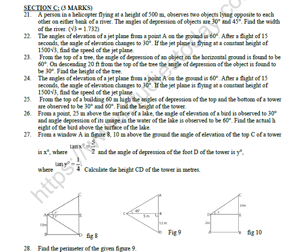 CBSE Class 10 Mathematics Application of Trignometry Worksheet Set C 3
