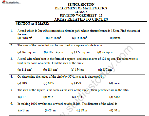 CBSE Class 10 Mathematics Area Related To Circle Worksheet Set A 1