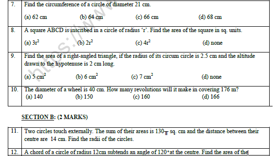 CBSE Class 10 Mathematics Area Related To Circle Worksheet Set A 2