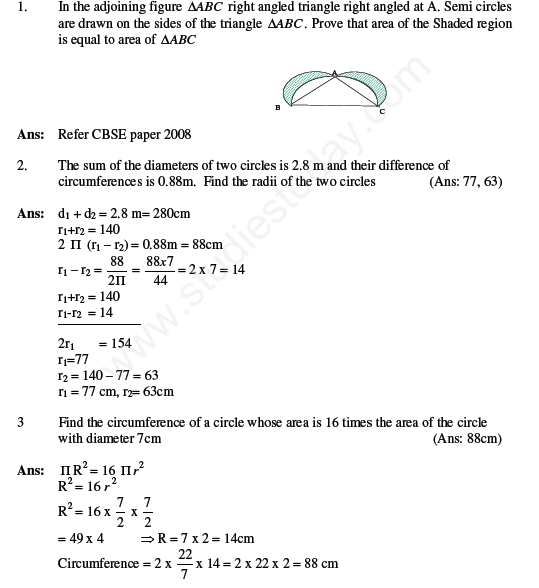 CBSE Class 10 Mathematics Area Relates to Circles Assignment Set D