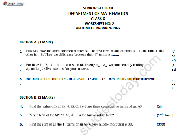 CBSE Class 10 Mathematics Arithmetic Progressions Worksheet Set B 1