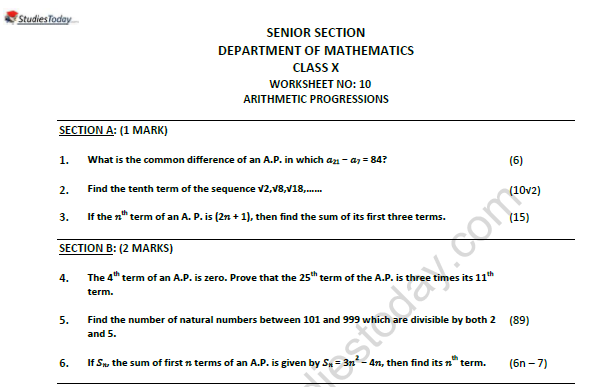 CBSE Class 10 Mathematics Arithmetic Progressions Worksheet Set C 1