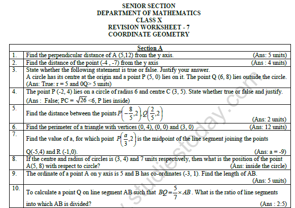 CBSE Class 10 Mathematics Coordinate Geometry Worksheet Set B 1