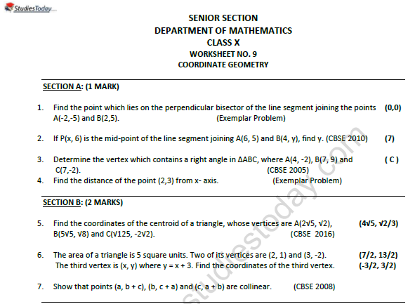 CBSE Class 10 Mathematics Coordinate Geometry Worksheet Set C 1