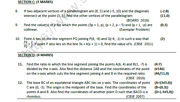 CBSE Class 10 Mathematics Coordinate Geometry Worksheet Set C 2