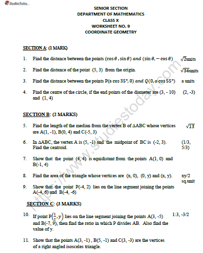 CBSE Class 10 Mathematics Coordinate Geometry Worksheet Set D 1