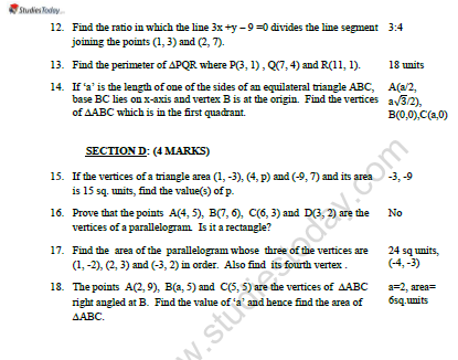 CBSE Class 10 Mathematics Coordinate Geometry Worksheet Set D 2