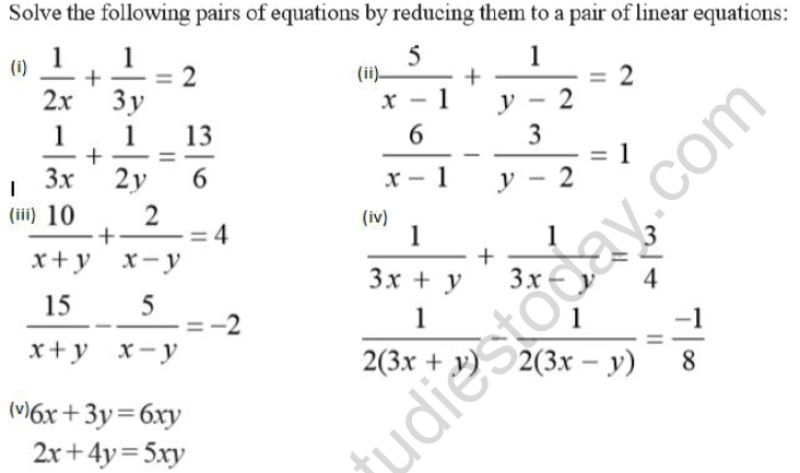 CBSE Class 10 Mathematics Pair of Linear Equation In Two Variables Worksheet Set A