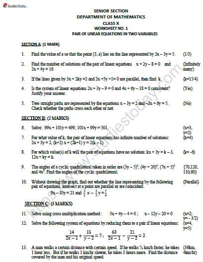 CBSE Class 10 Mathematics Pair of Linear Equation In Two Variables Worksheet Set E
