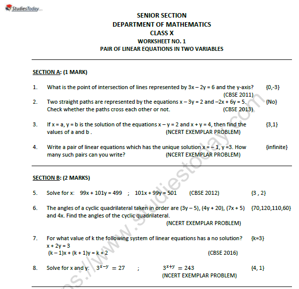 CBSE Class 10 Mathematics Pair of Linear Equation In Two Variables Worksheet Set F 1