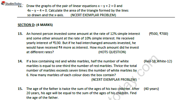 CBSE Class 10 Mathematics Pair of Linear Equation In Two Variables Worksheet Set F 3