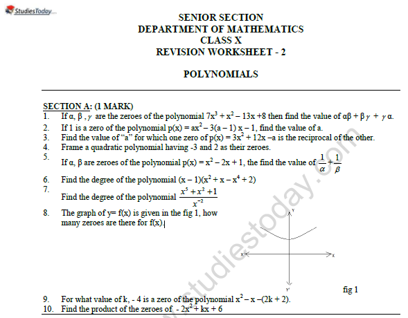 CBSE Class 10 Mathematics Polynomials Worksheet Set A 1