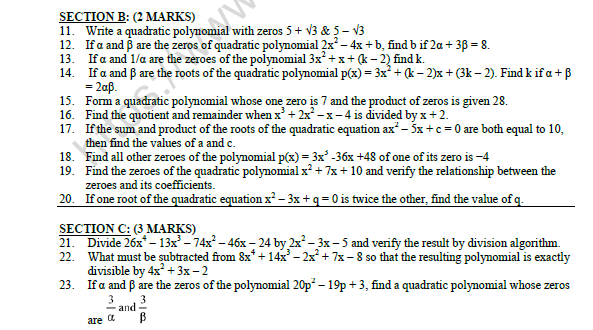 CBSE Class 10 Mathematics Polynomials Worksheet Set A 2